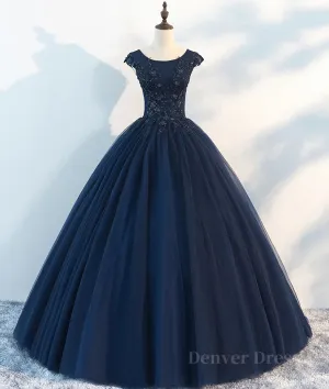 kamahe Dark blue round neck tulle lace long prom dress, blue tulle lace evening dress