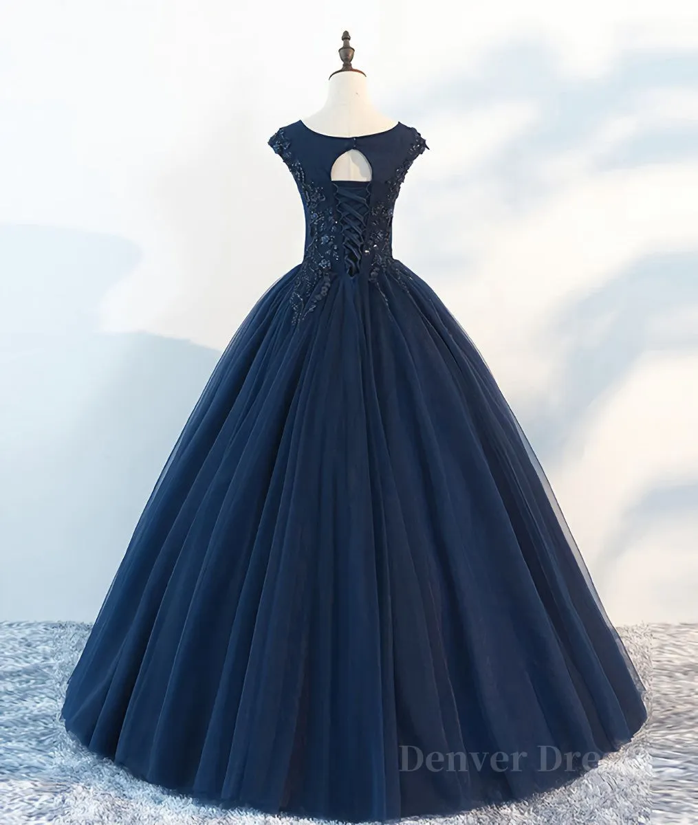 kamahe Dark blue round neck tulle lace long prom dress, blue tulle lace evening dress