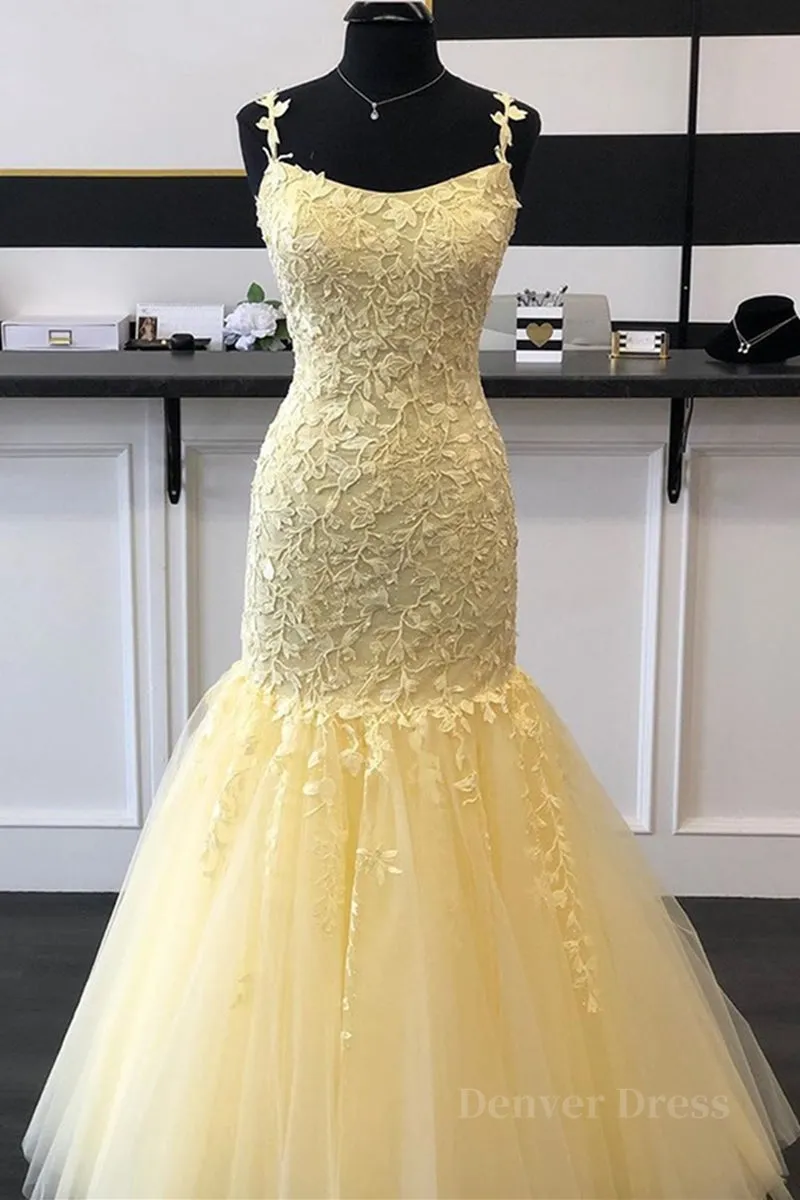 kamahe Gorgeous Mermaid Yellow Lace Long Prom Dress, Mermaid Yellow Formal Dress, Yellow Lace Evening Dress