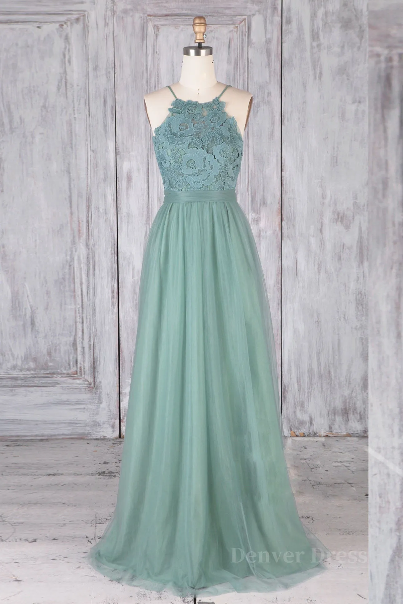 kamahe Green tulle lace long prom dress green lace evening dress