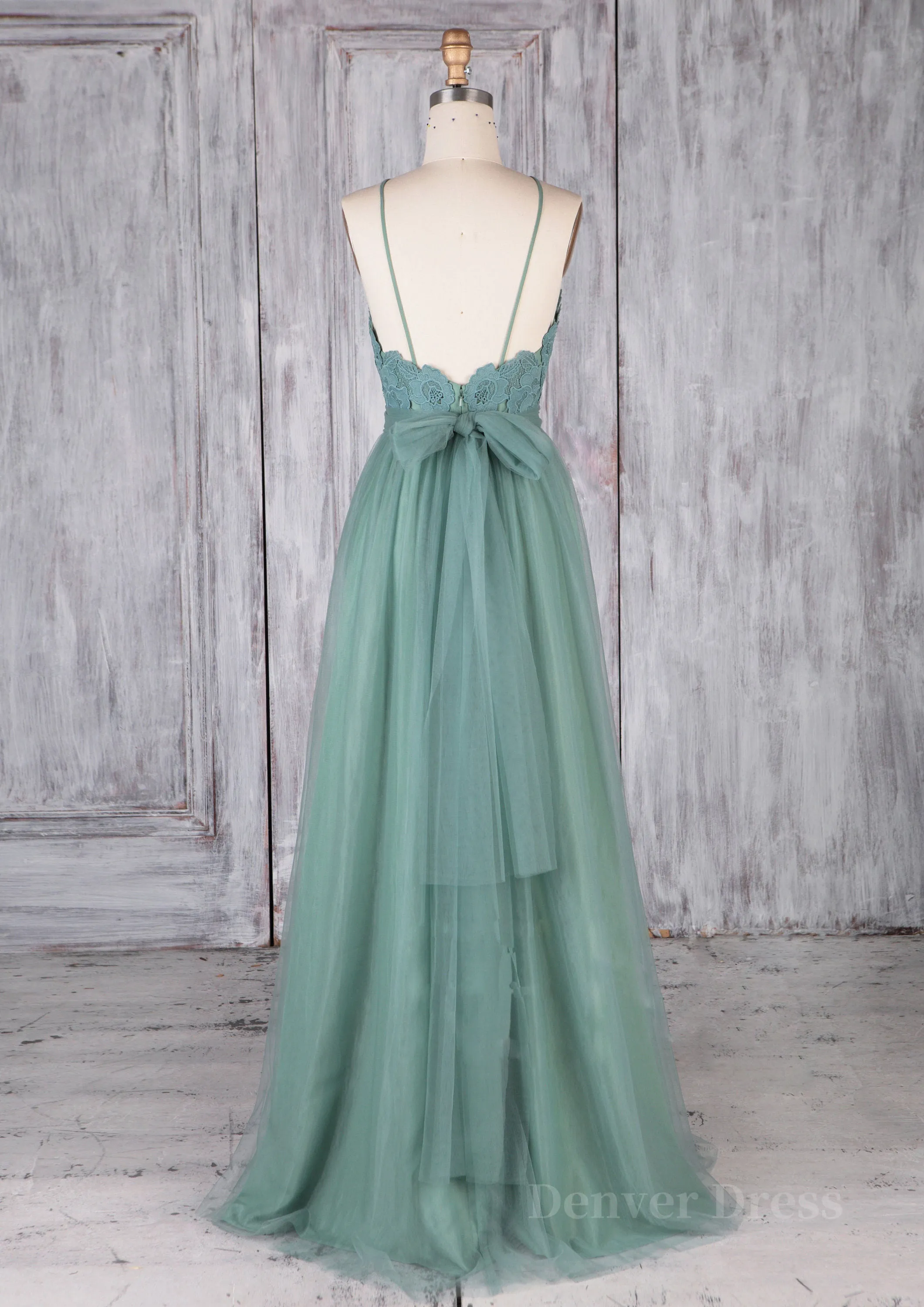 kamahe Green tulle lace long prom dress green lace evening dress