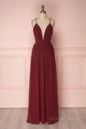 kamahe Simple burgundy chiffon long prom dress burgundy formal dress