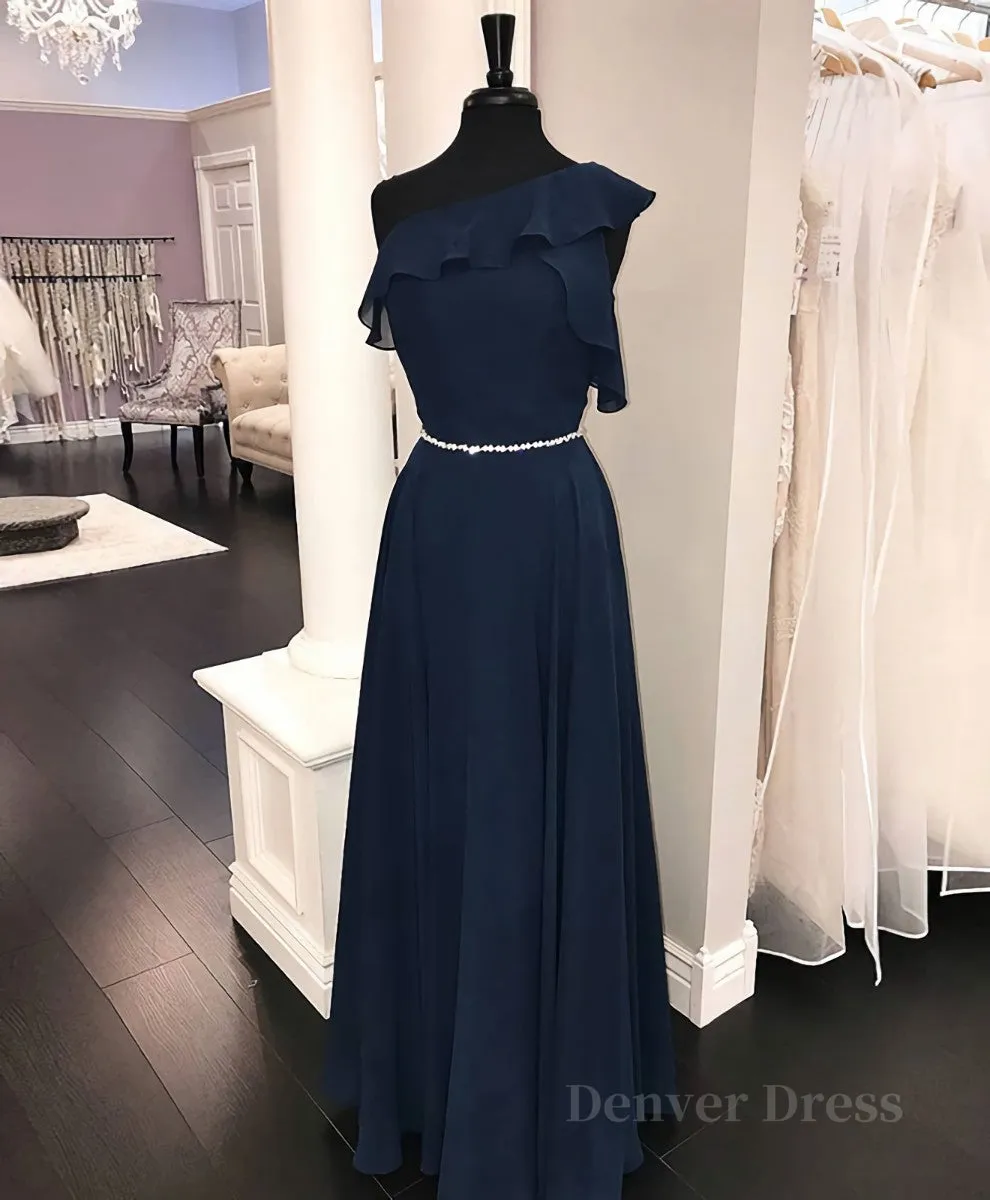 kamahe Simple chiffon dark blue long prom dress, bridesmaid dress