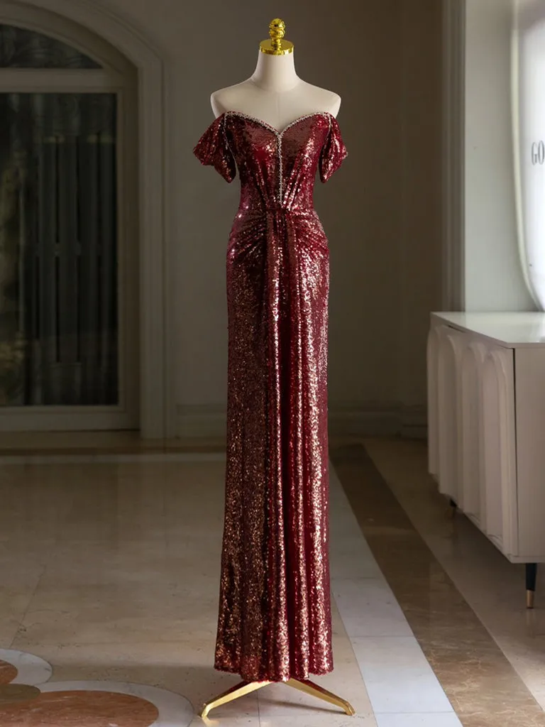 kamahe Simple Off Shoulder Sequin Burgundy Long Prom Dress, Burgundy Long Evening Dress