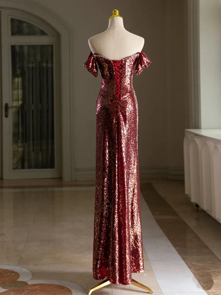 kamahe Simple Off Shoulder Sequin Burgundy Long Prom Dress, Burgundy Long Evening Dress