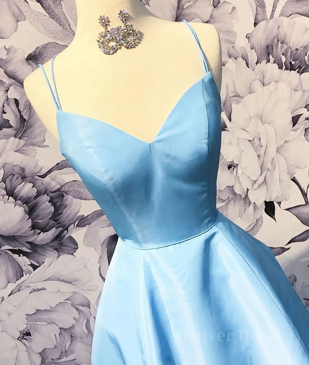 kamahe Simple sweetheart blue satin long prom dress, blue evening dress