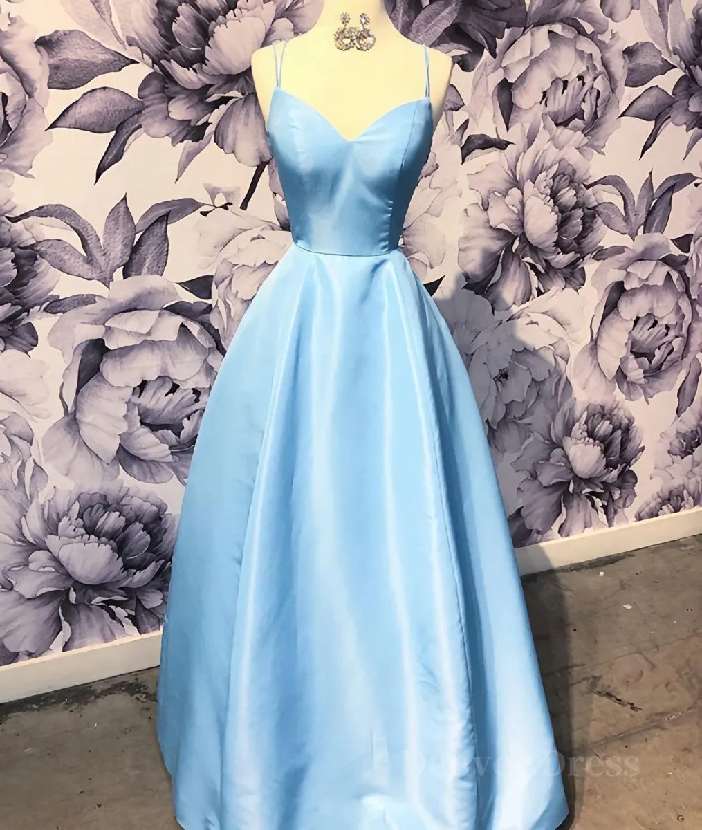 kamahe Simple sweetheart blue satin long prom dress, blue evening dress