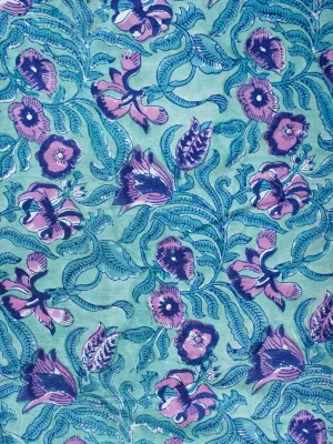 Light Green Lilac Blue  Hand Block Printed Cotton Fabric Per Meter - F001F1897