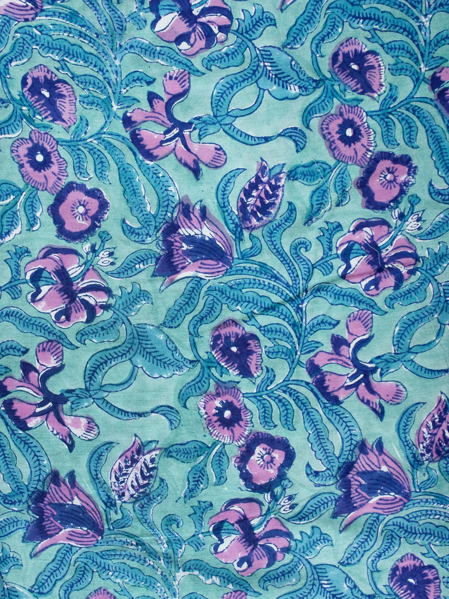 Light Green Lilac Blue  Hand Block Printed Cotton Fabric Per Meter - F001F1897