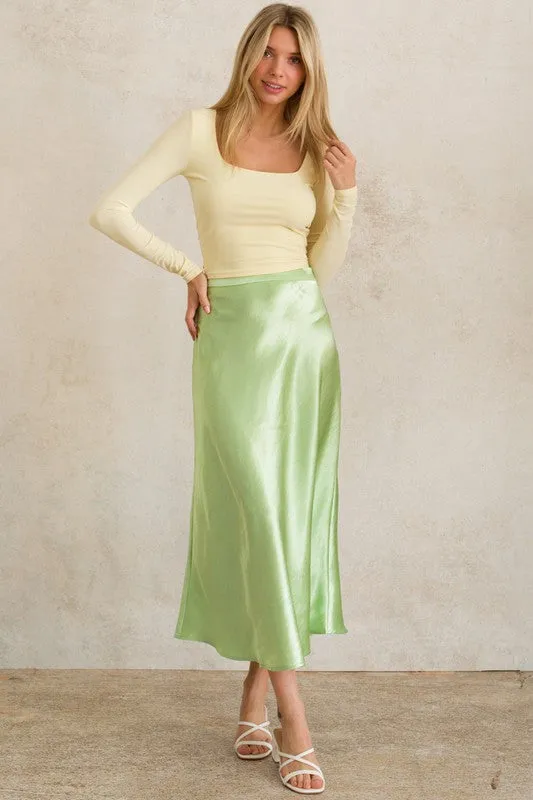 Light Green Satin Midi A Line Slip Skirt