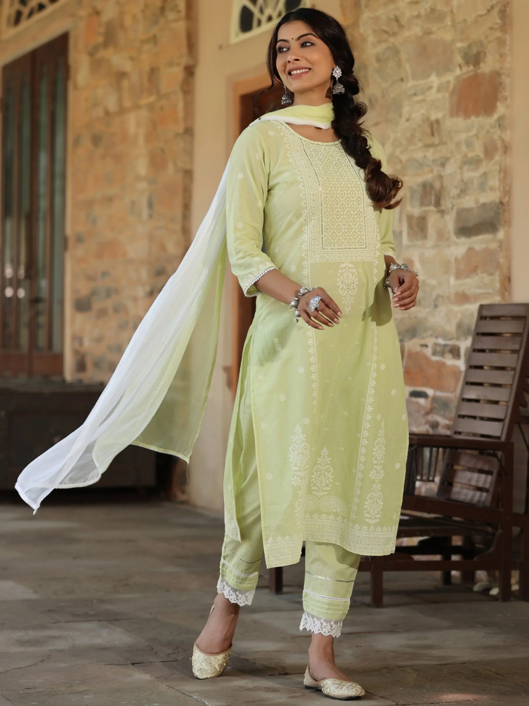 Limegreen Cambric Printed  Straight Kurta Sets