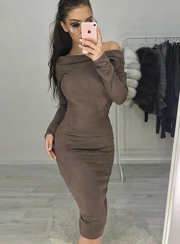 Long Sleeve off shoulder Women mid-calf Dress