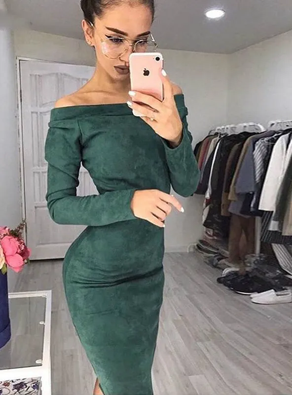 Long Sleeve off shoulder Women mid-calf Dress