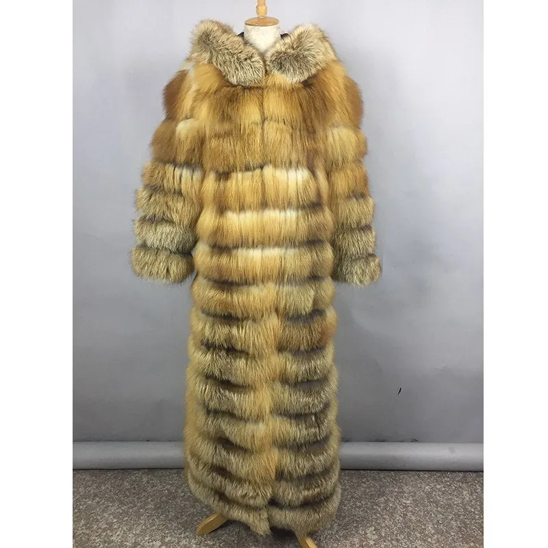 Luxury Real Fox Fur Maxi Hooded Coats