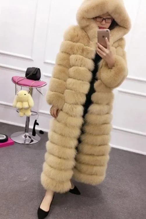 Luxury Real Fox Fur Maxi Hooded Coats