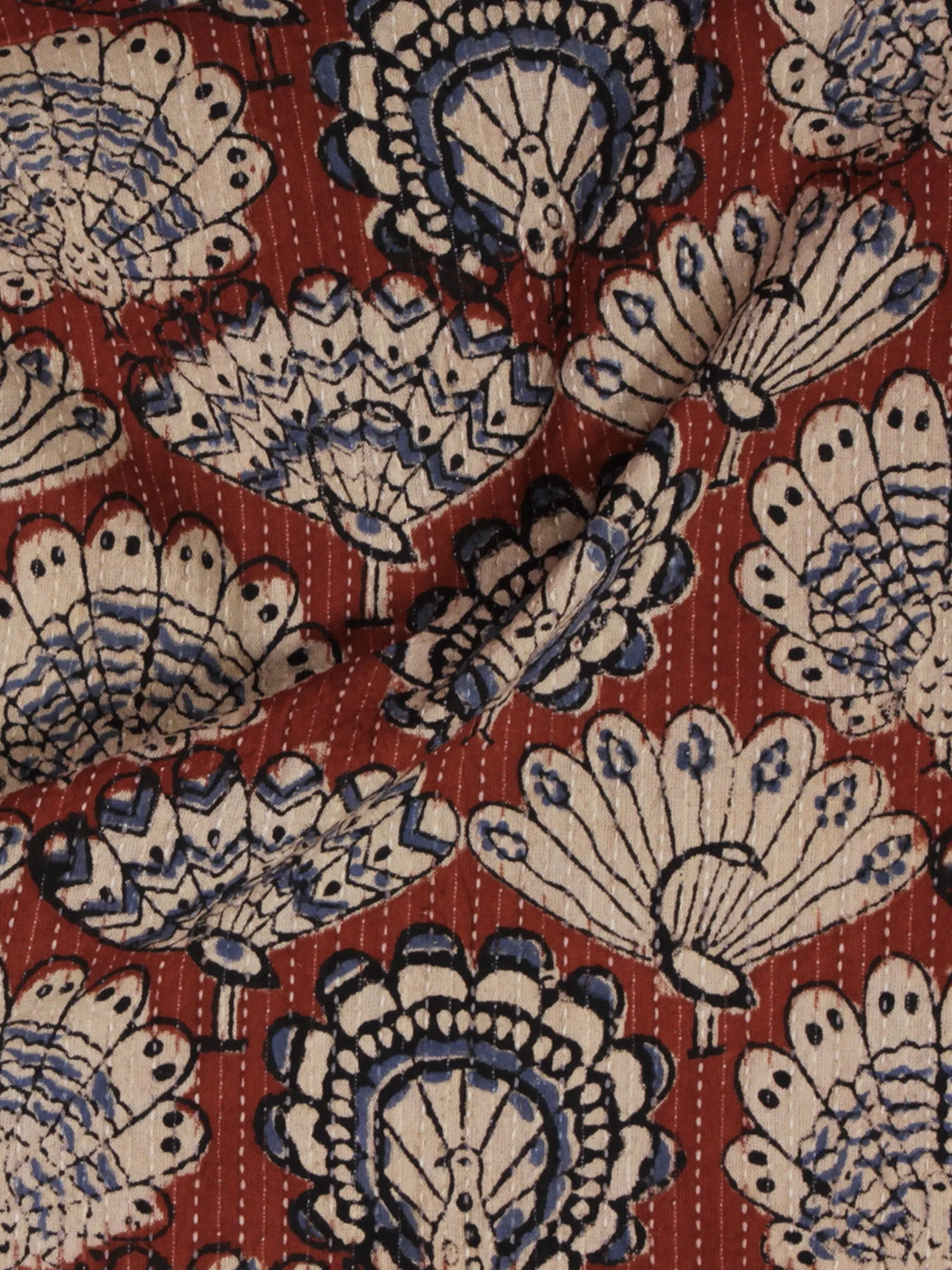 Maroon Beige Black Kantha Embroidered Hand Block Peacock Printed Cotton Fabric - F001F565