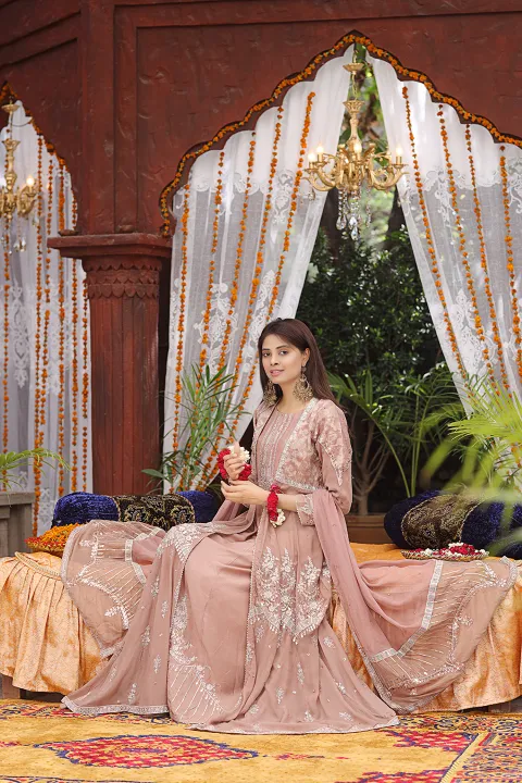 Mauve and Silver work Gown with Jacket, Pant and Dupatta