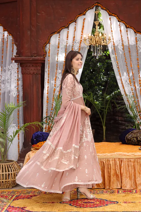 Mauve and Silver work Gown with Jacket, Pant and Dupatta