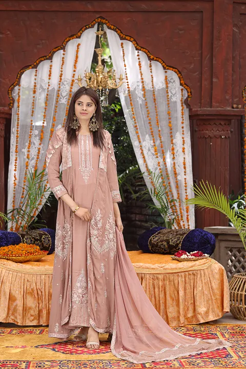 Mauve and Silver work Gown with Jacket, Pant and Dupatta