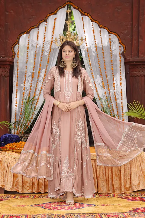 Mauve and Silver work Gown with Jacket, Pant and Dupatta