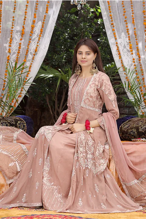 Mauve and Silver work Gown with Jacket, Pant and Dupatta