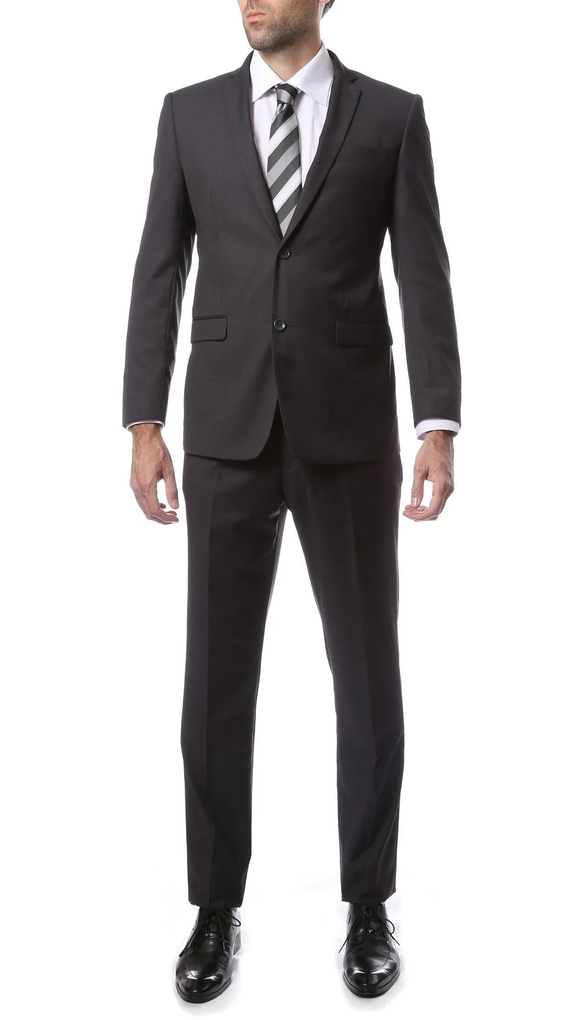 Mens 2 Piece 2 Button Slim Fit Charcoal Grey Zonettie Suit