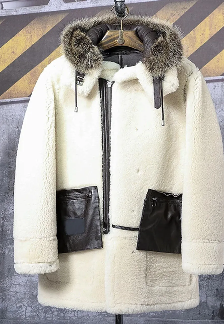 Men’s Black Leather White Shearling Removable Hooded Long Coat