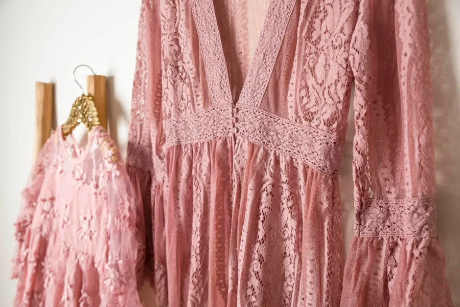 Mommy & Me - Ladies Dusty Rose Long Lace Duster Cardigan