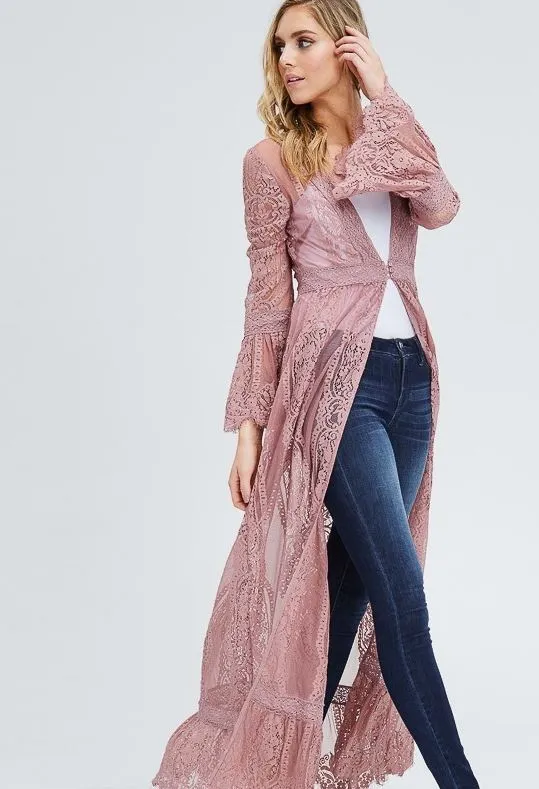 Mommy & Me - Ladies Dusty Rose Long Lace Duster Cardigan