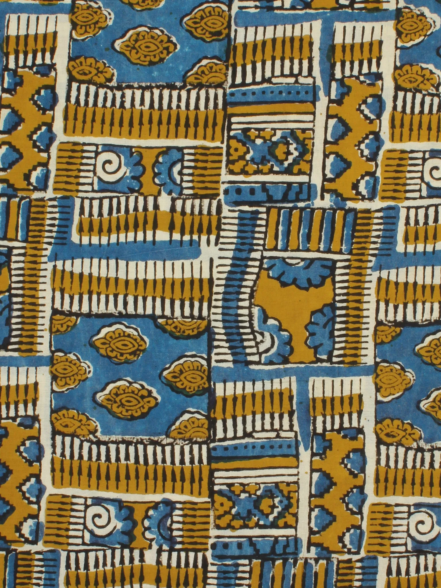 Mustard Indigo Ivory Hand Block Printed Cotton Fabric Per Meter - F001F2257