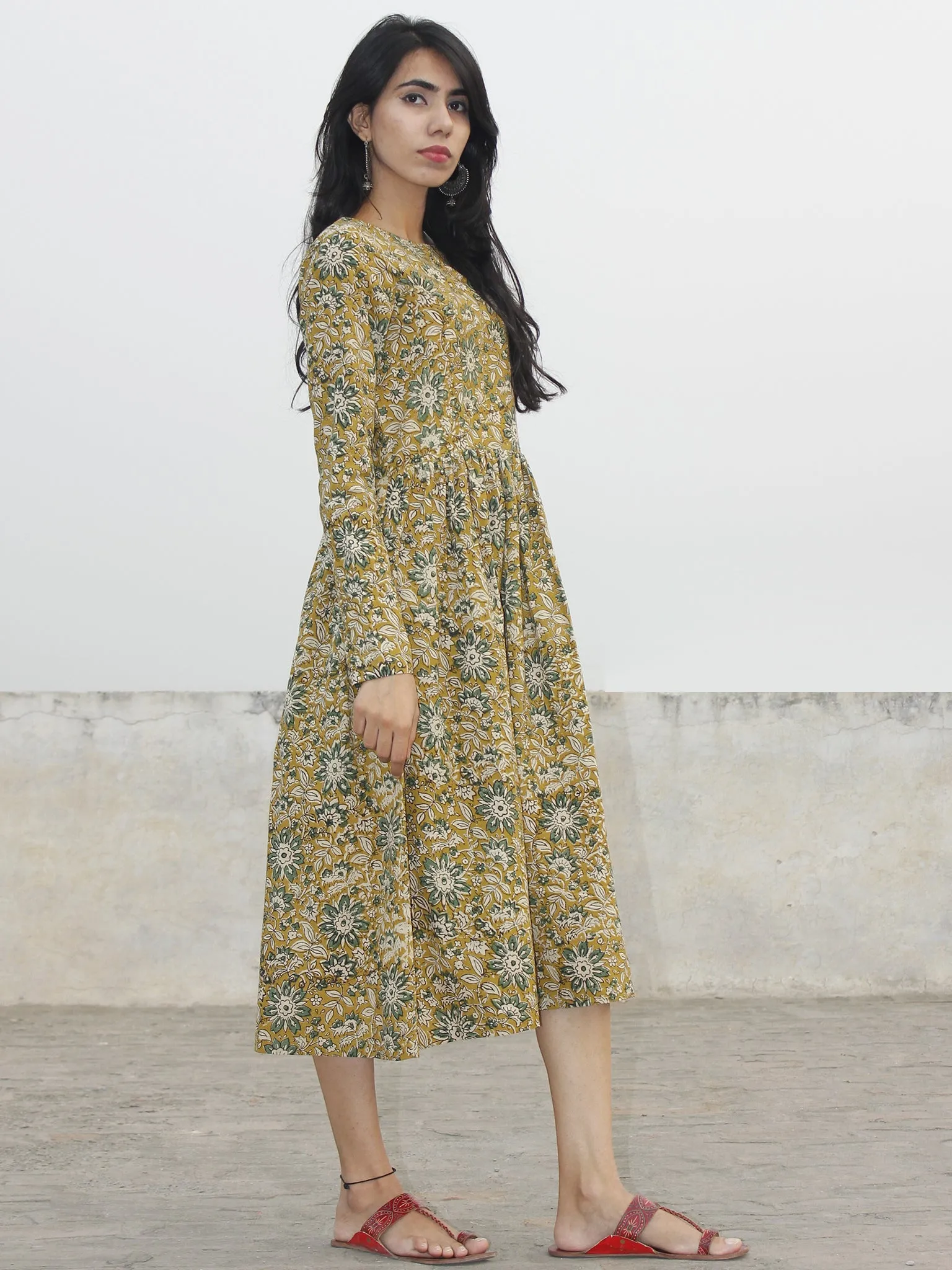 Mustard Yellow Green Ivory Black Hand Blocked Cotton Midi Dress With Side Pockets - D154F989