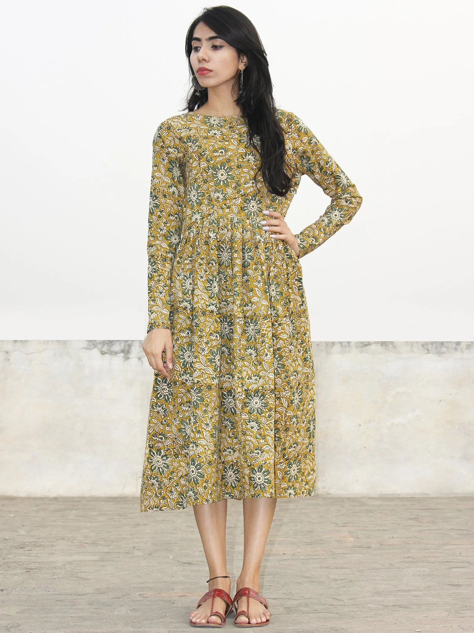 Mustard Yellow Green Ivory Black Hand Blocked Cotton Midi Dress With Side Pockets - D154F989