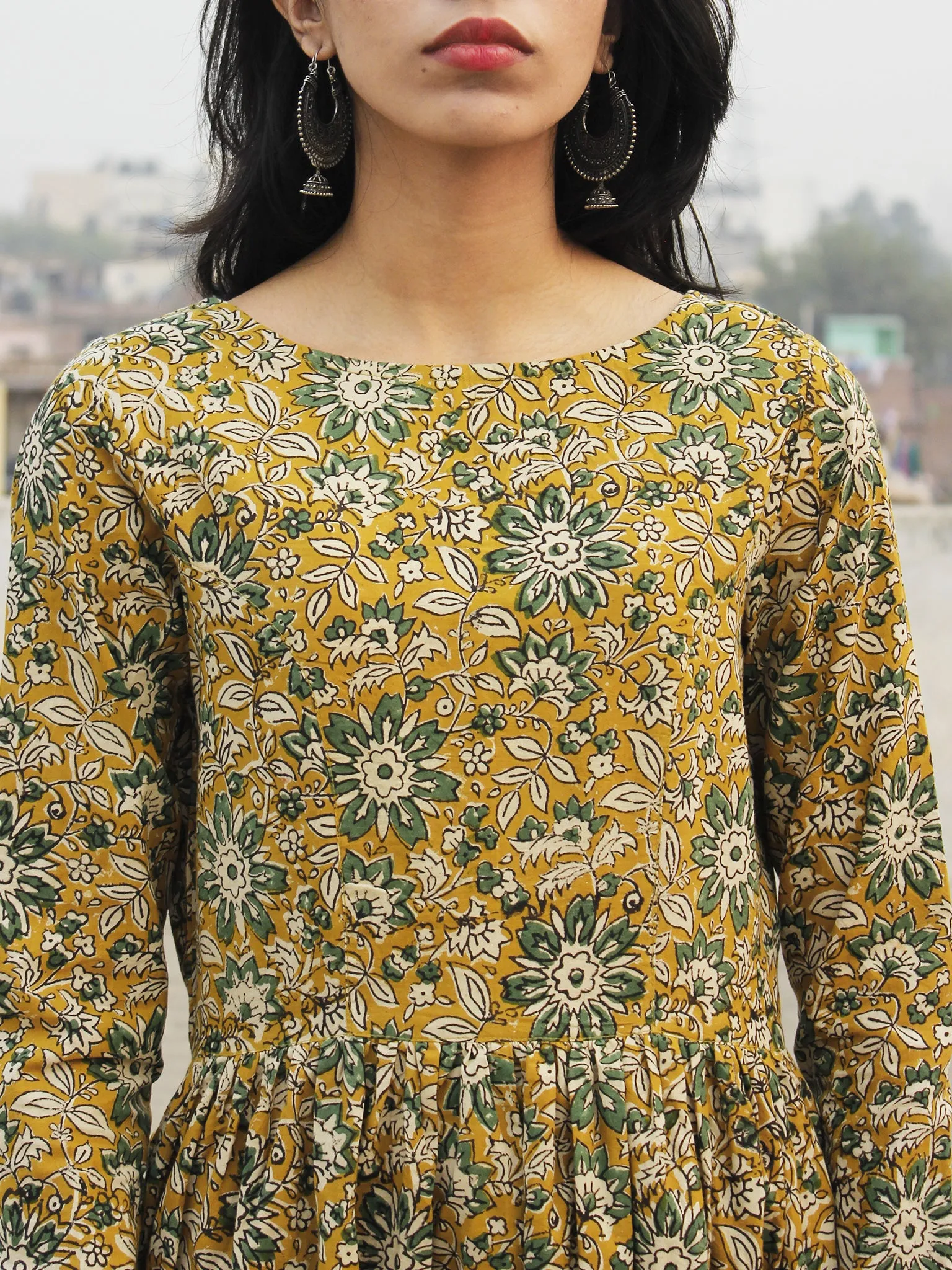 Mustard Yellow Green Ivory Black Hand Blocked Cotton Midi Dress With Side Pockets - D154F989