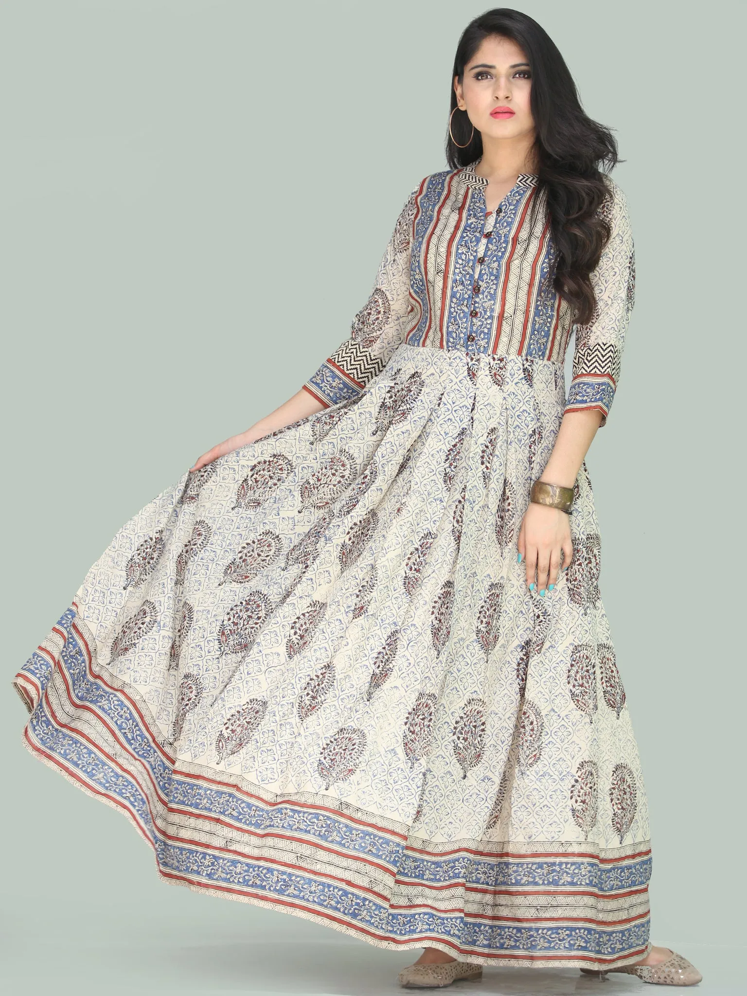 Naaz Minaz - Hand Block Printed Long Cotton Dress With Lining - DS111F001