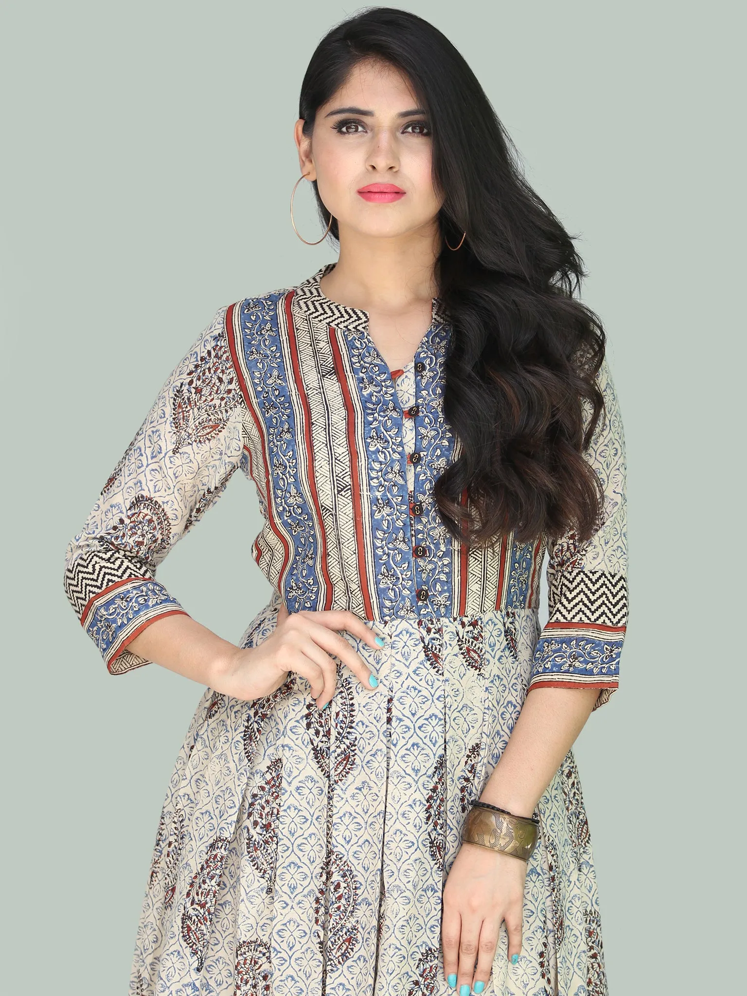 Naaz Minaz - Hand Block Printed Long Cotton Dress With Lining - DS111F001