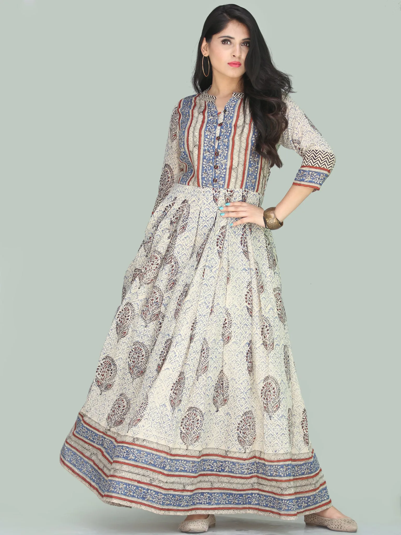 Naaz Minaz - Hand Block Printed Long Cotton Dress With Lining - DS111F001