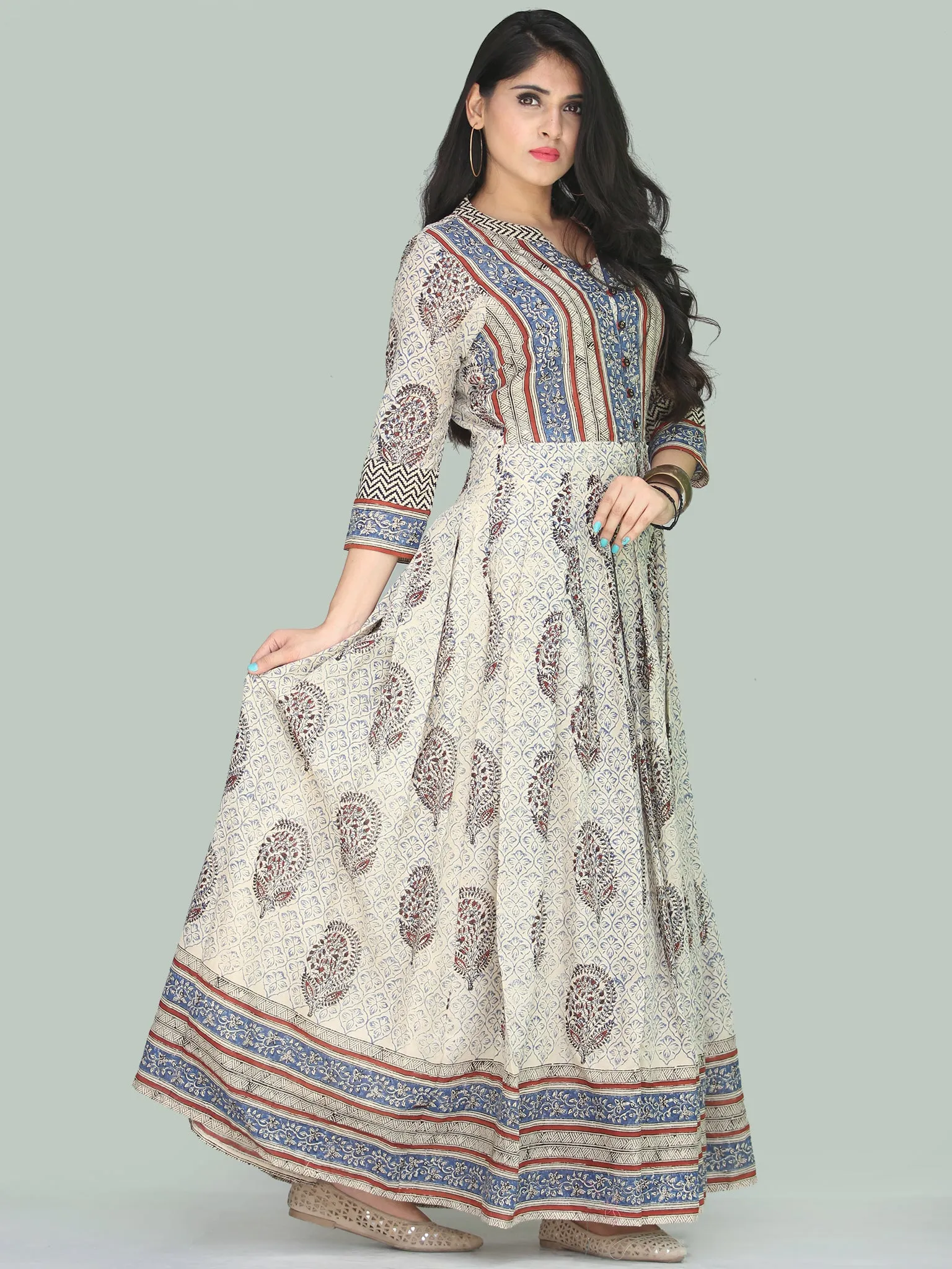 Naaz Minaz - Hand Block Printed Long Cotton Dress With Lining - DS111F001