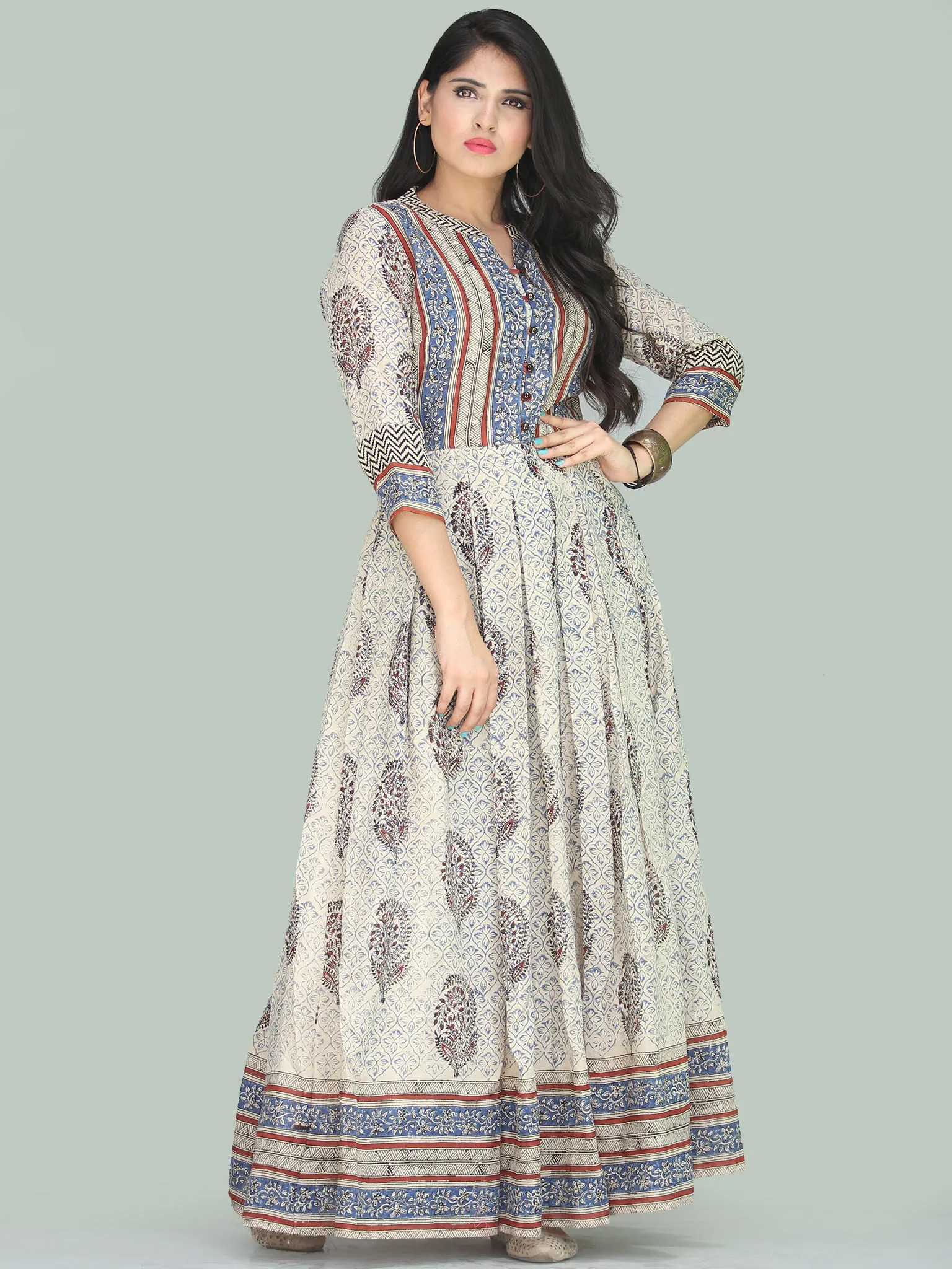 Naaz Minaz - Hand Block Printed Long Cotton Dress With Lining - DS111F001