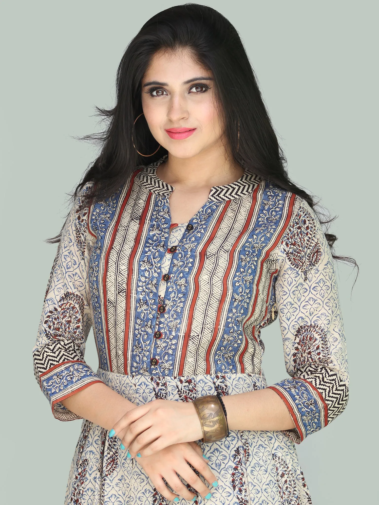 Naaz Minaz - Hand Block Printed Long Cotton Dress With Lining - DS111F001