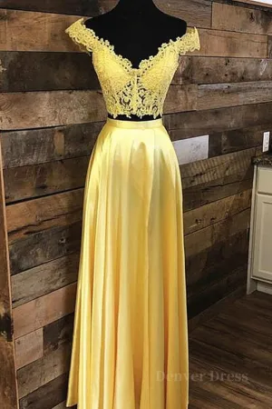 Off Shoulder Two Pieces Lace Yellow Long Prom Dress Off the Shoulder Yellow Lace Formal Dress Two Pieces Yellow Lace Evening Dress