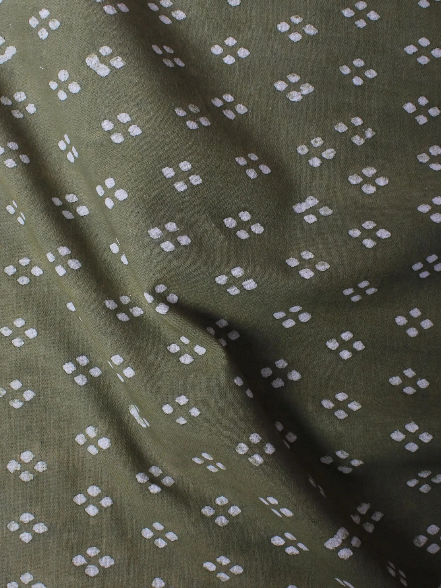 Olive Green White Hand Block Printed Cotton Cambric Fabric Per Meter - F0916445