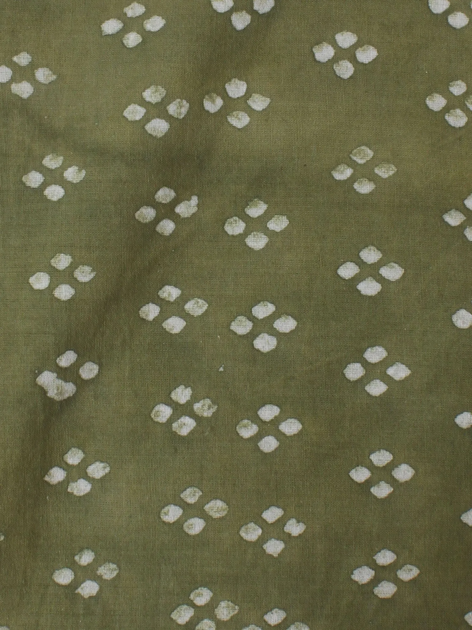 Olive Green White Hand Block Printed Cotton Cambric Fabric Per Meter - F0916445