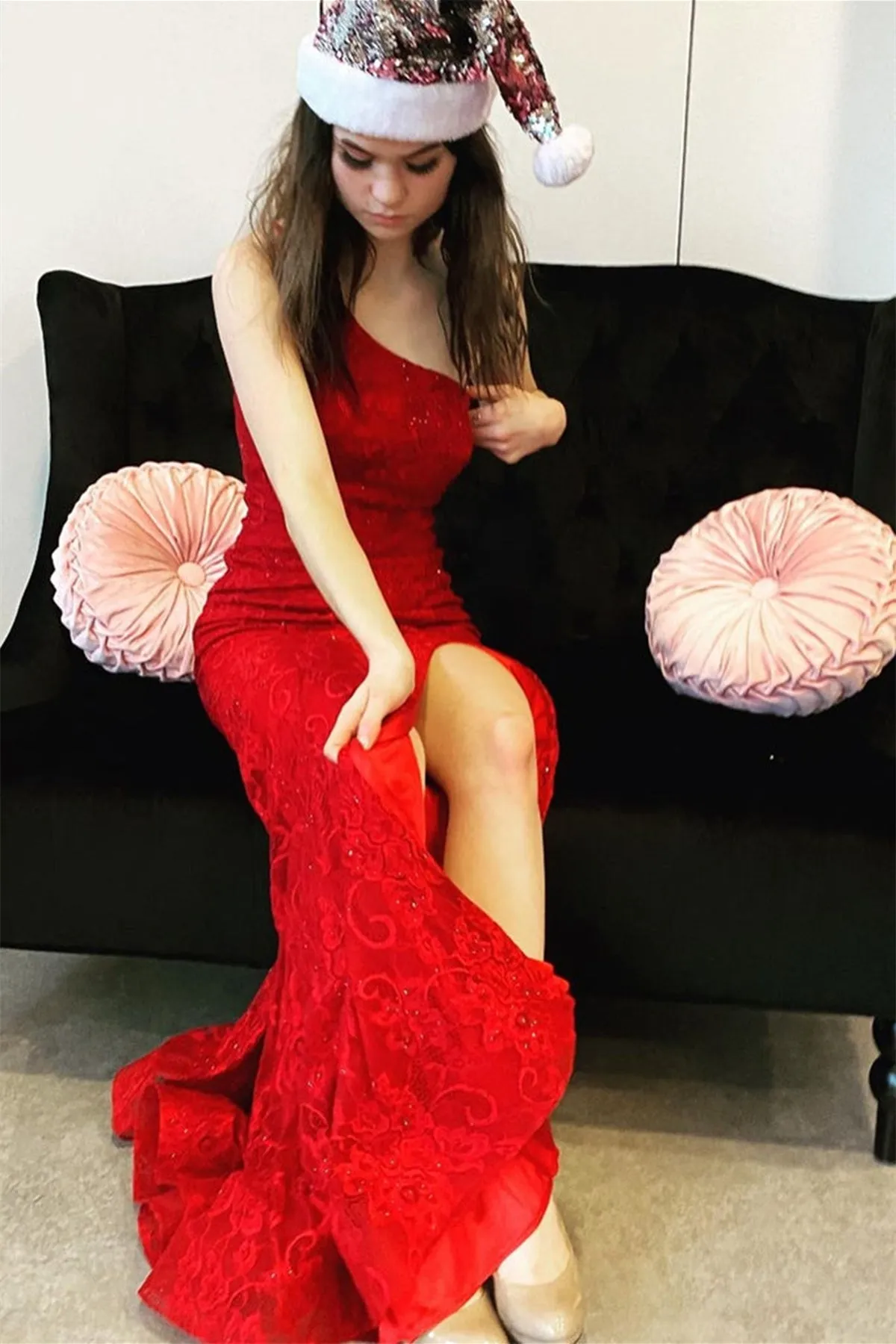 One Shoulder Mermaid Red Lace Long Prom Dress with High Slit, Mermaid Red Formal Dress, Red Lace Evening Dress A1517