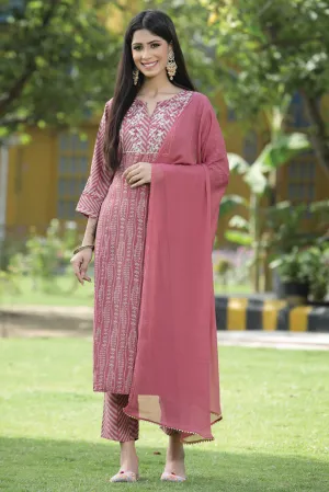 Onion Pink Muslin Printed With Embroidery Kurta, Pants & Dupatta Set