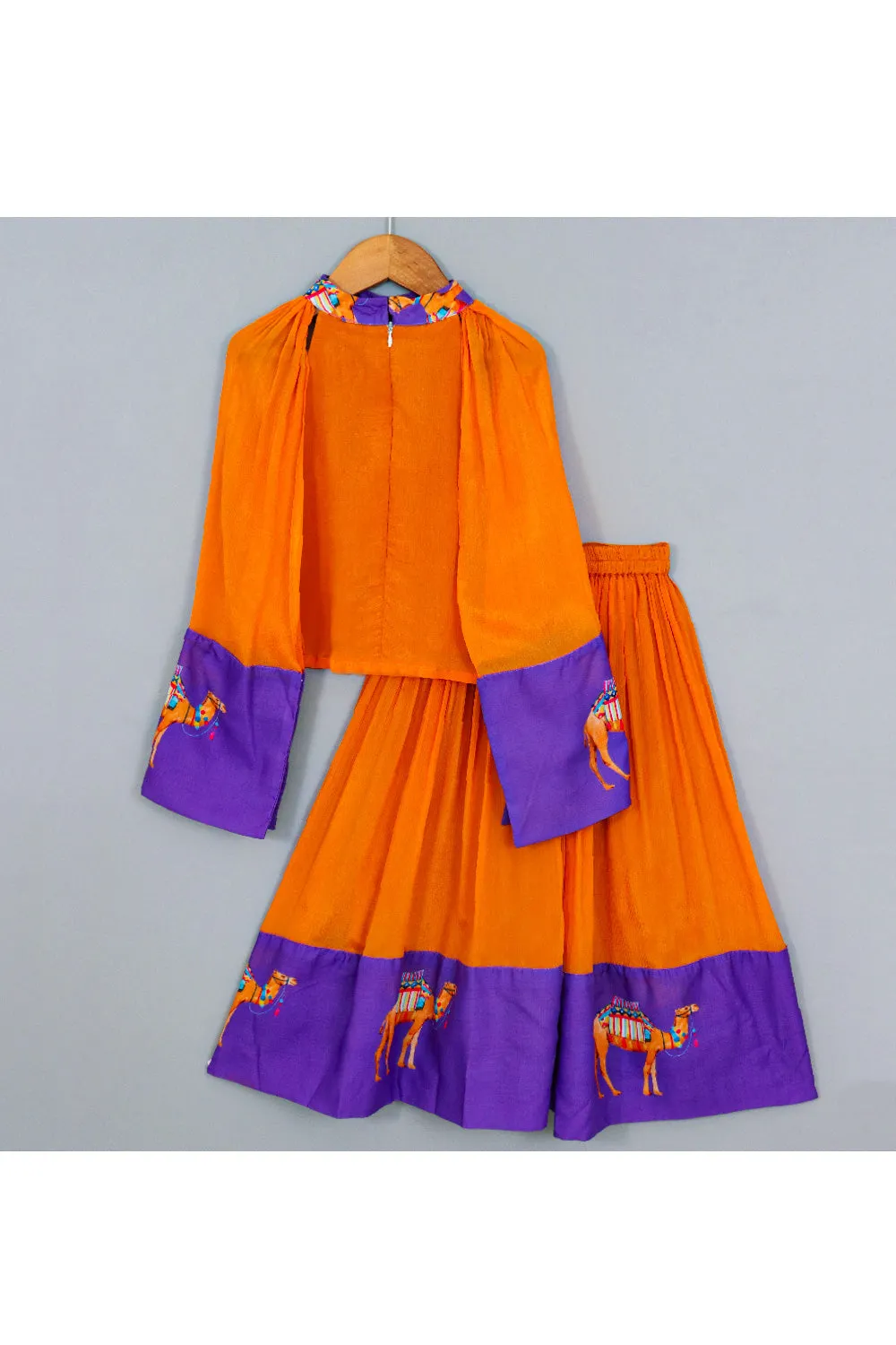 Orange And Purple Camel Printed Top With Attached Dupatta And Palazzo Set