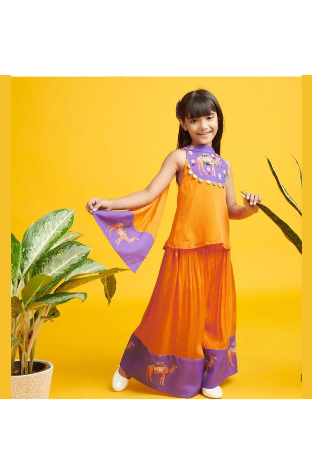 Orange And Purple Camel Printed Top With Attached Dupatta And Palazzo Set