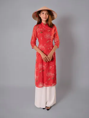 Patterned Red Ao Dai Vietnamese Dress Anh ST35