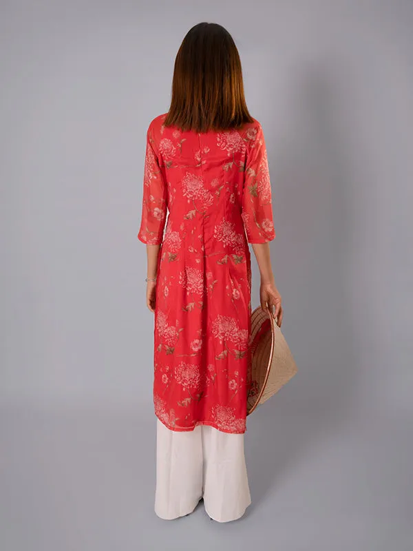 Patterned Red Ao Dai Vietnamese Dress Anh ST35