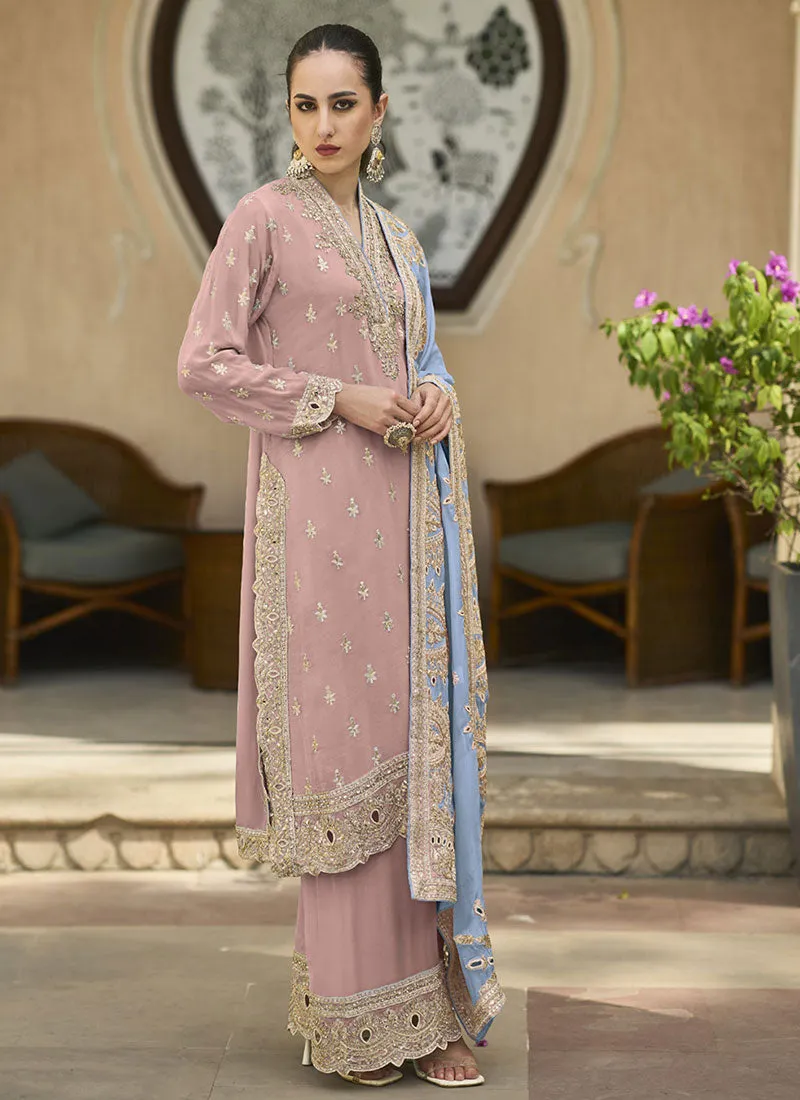 Pink And Blue Multi Embroidery Palazzo Style Suit