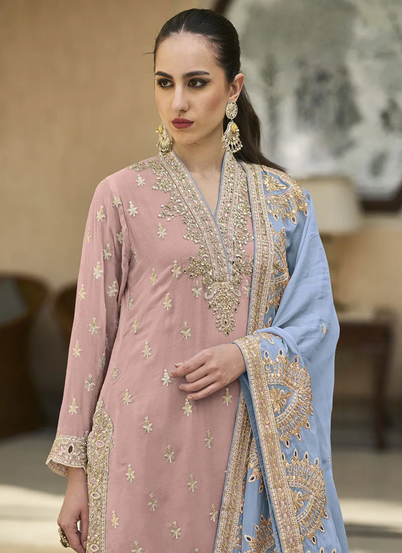 Pink And Blue Multi Embroidery Palazzo Style Suit